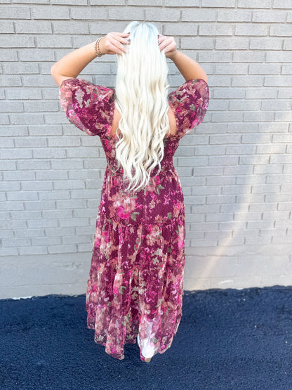 Burgundy Floral Tulle Maxi Dress
