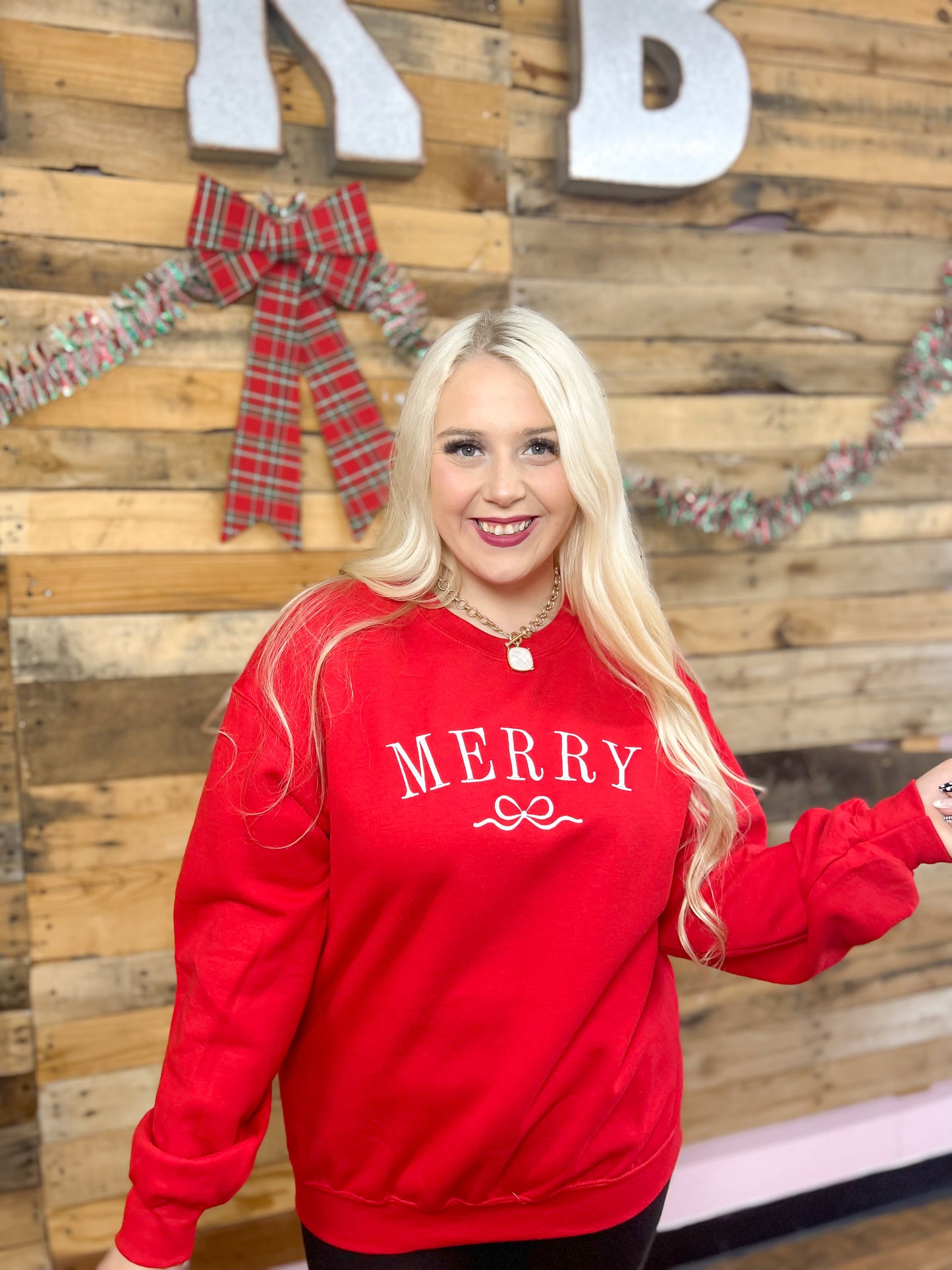 Red Merry Coquette Embroidered Crewneck