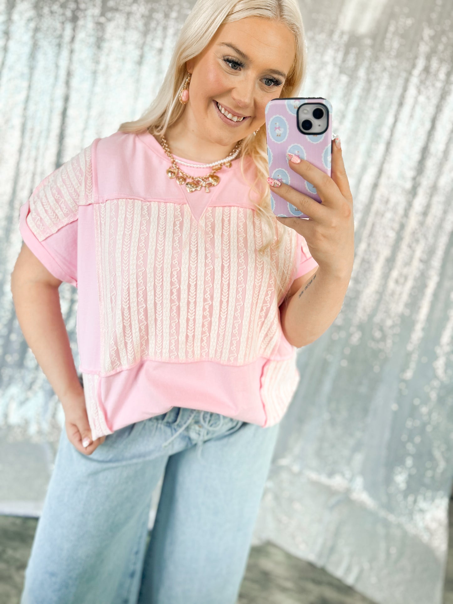 Pink & Lace Colorblock Top