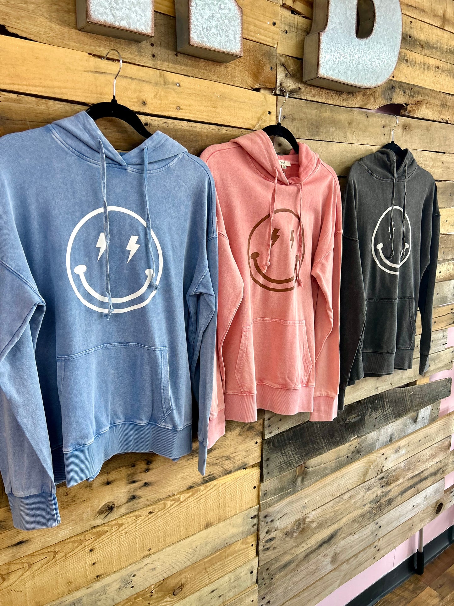 Smiley Acid Wash Hoodie (Coral)