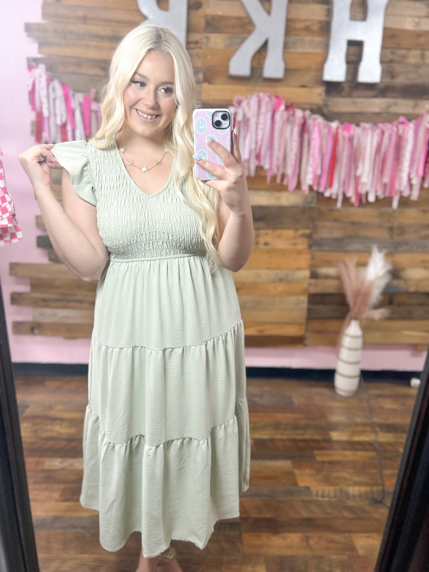 Sage Flutter Sleeve Smocked Maxi