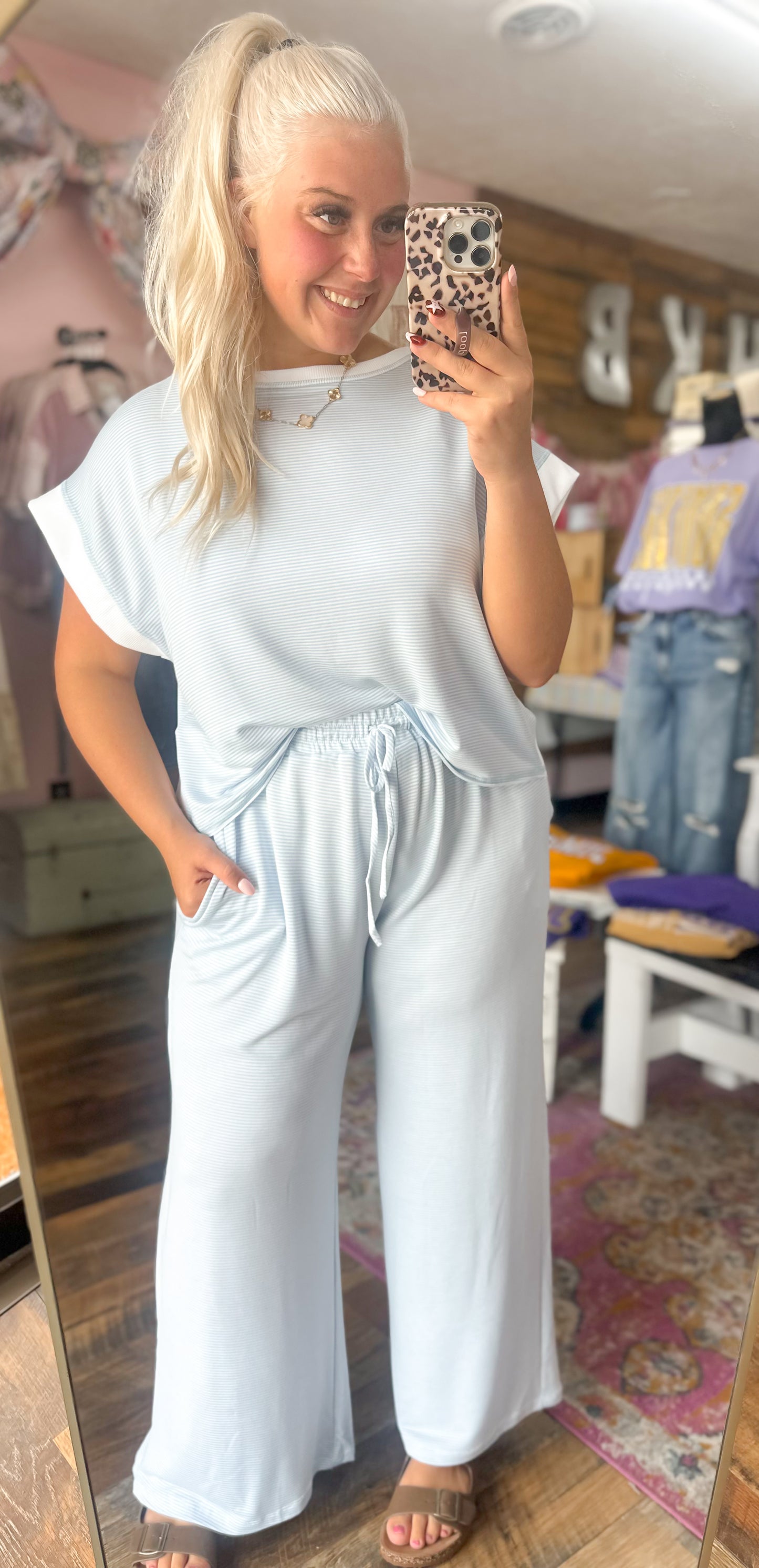 Baby Blue Pin-Striped Open Back Lounge Set