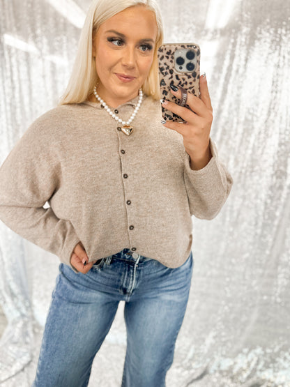 Taupe Raw Hem Button Cardigan