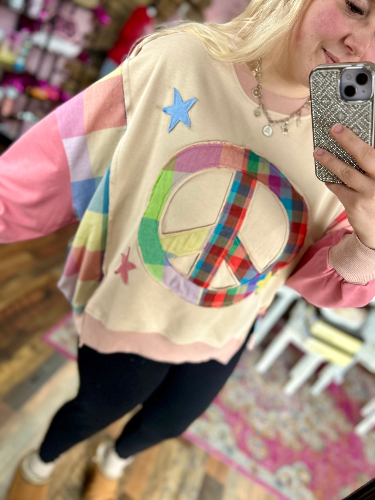 Multi Peace Patchwork Oversized Crewneck