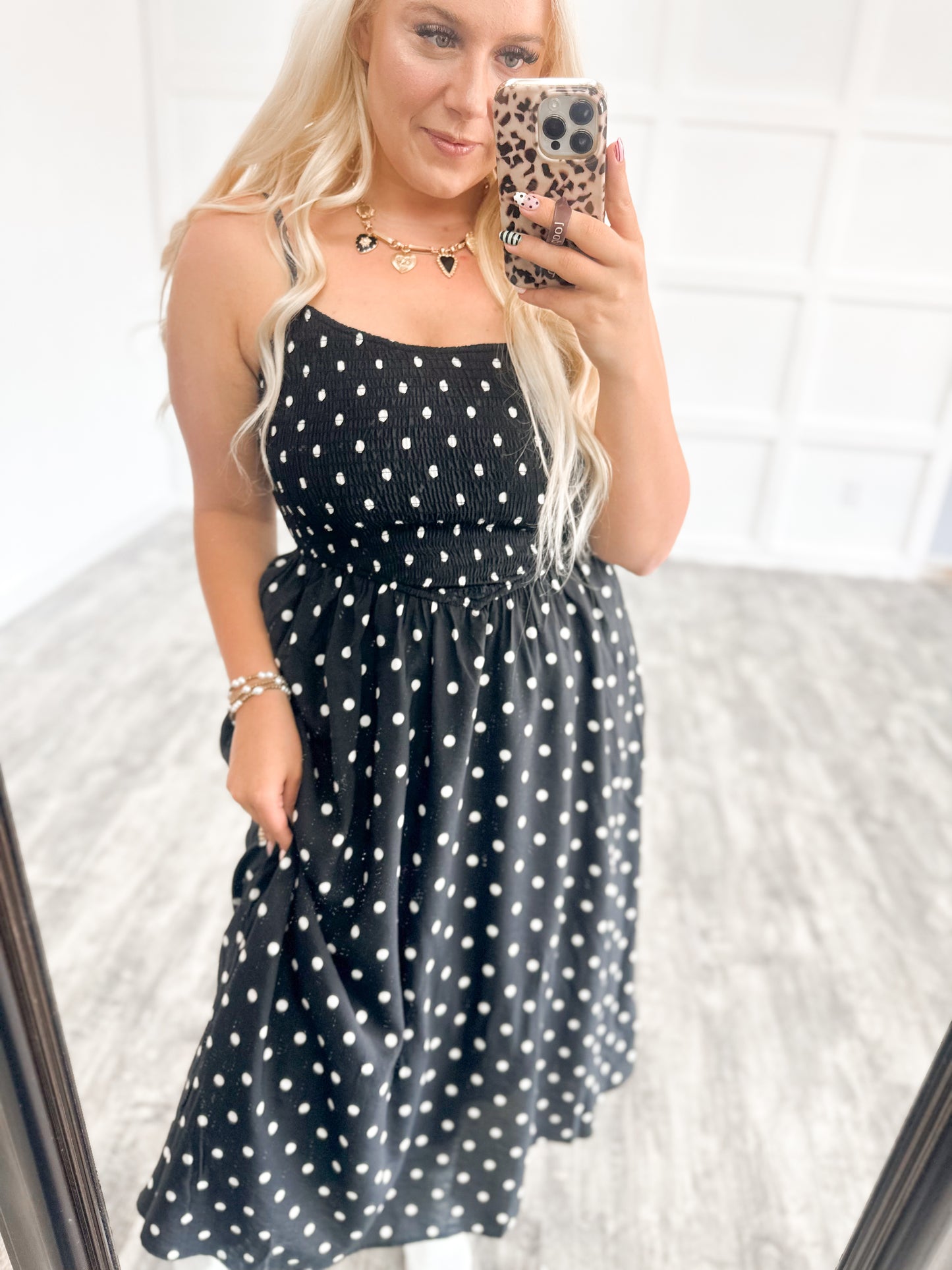 Black Smocked Polka Dot Strap Maxi Dress
