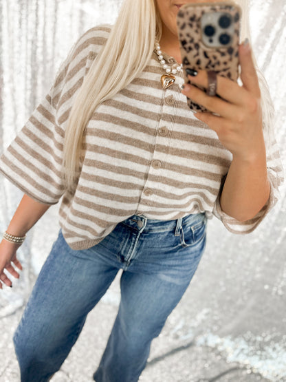 Taupe & Cream Chunky Knit Button Top