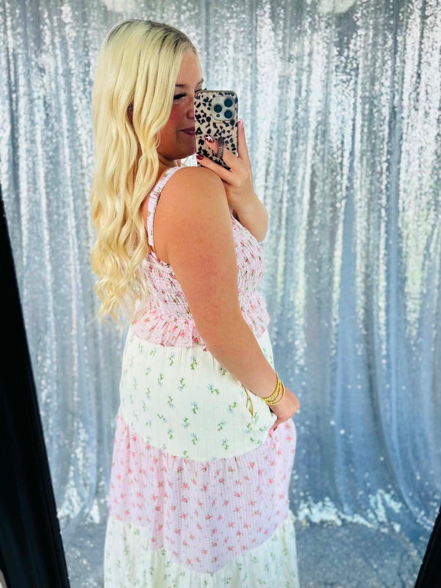Rose Bloom Gingham Patchwork Maxi Dress