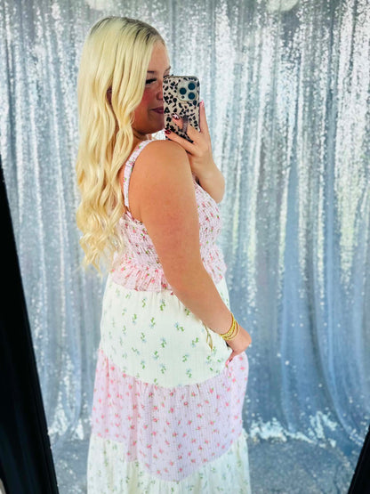 Rose Bloom Gingham Patchwork Maxi Dress