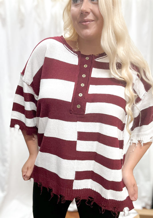 Maroon Colorblock Distressed Top