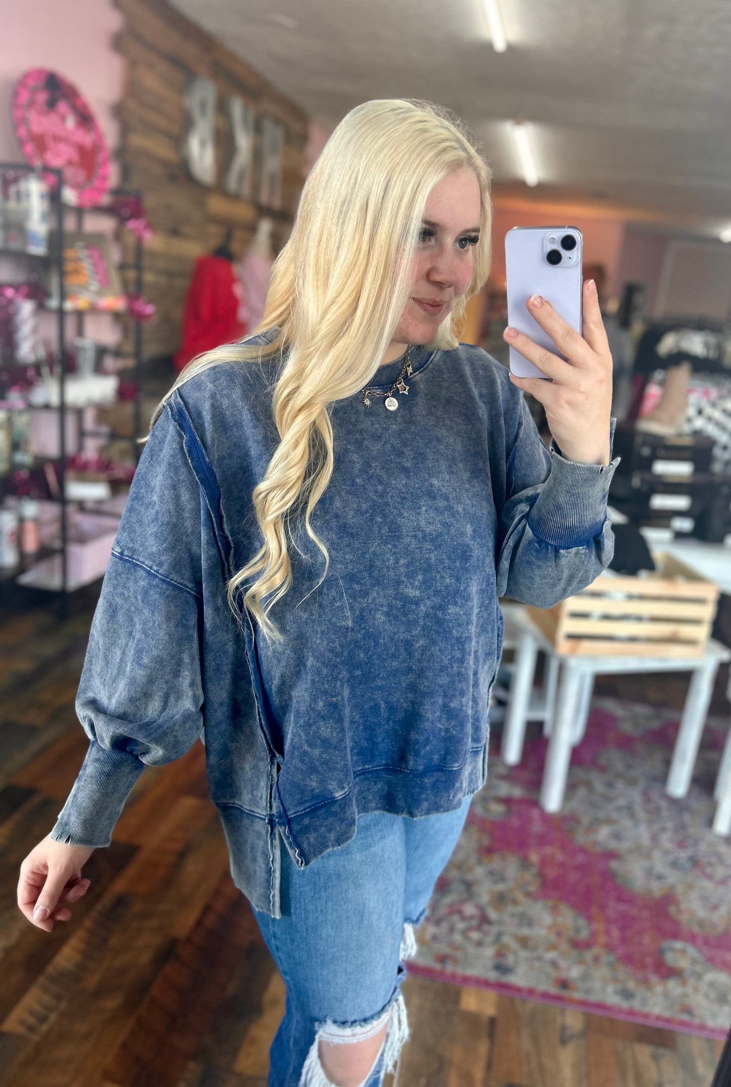 Oversized Acid Wash Crewneck (Navy)