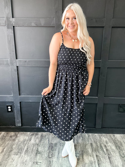 Black Smocked Polka Dot Strap Maxi Dress