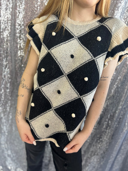 Ivory Check Ruffle Sweater