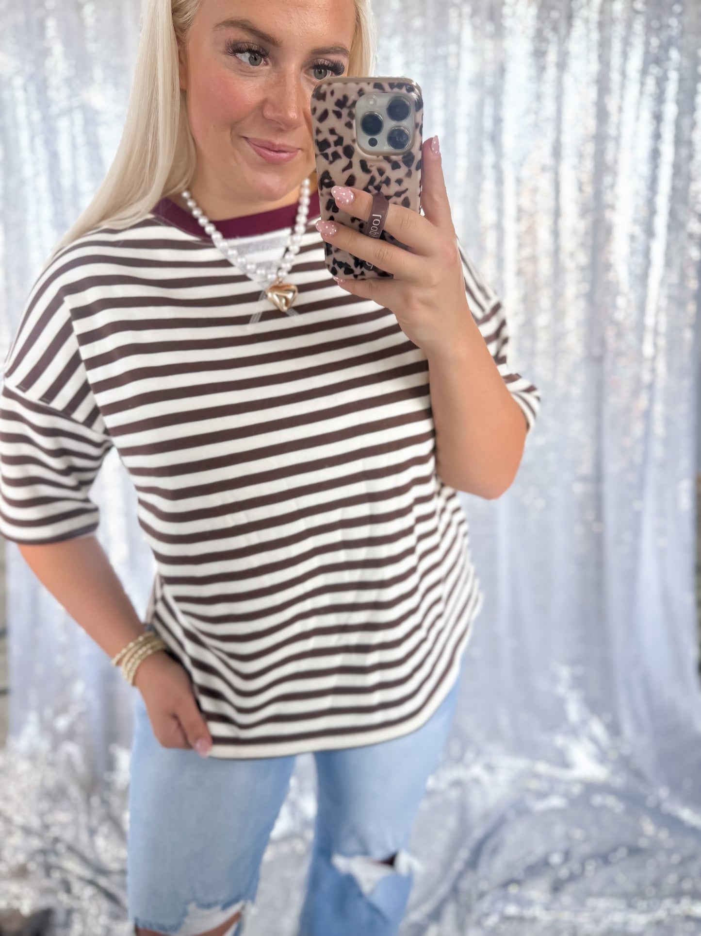 Brown & Burgundy Striped Colorblock Top