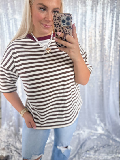 Brown & Burgundy Striped Colorblock Top