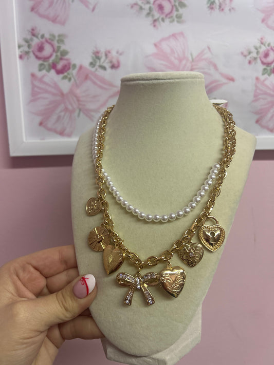 Double Pearl Coquette Charm Necklace