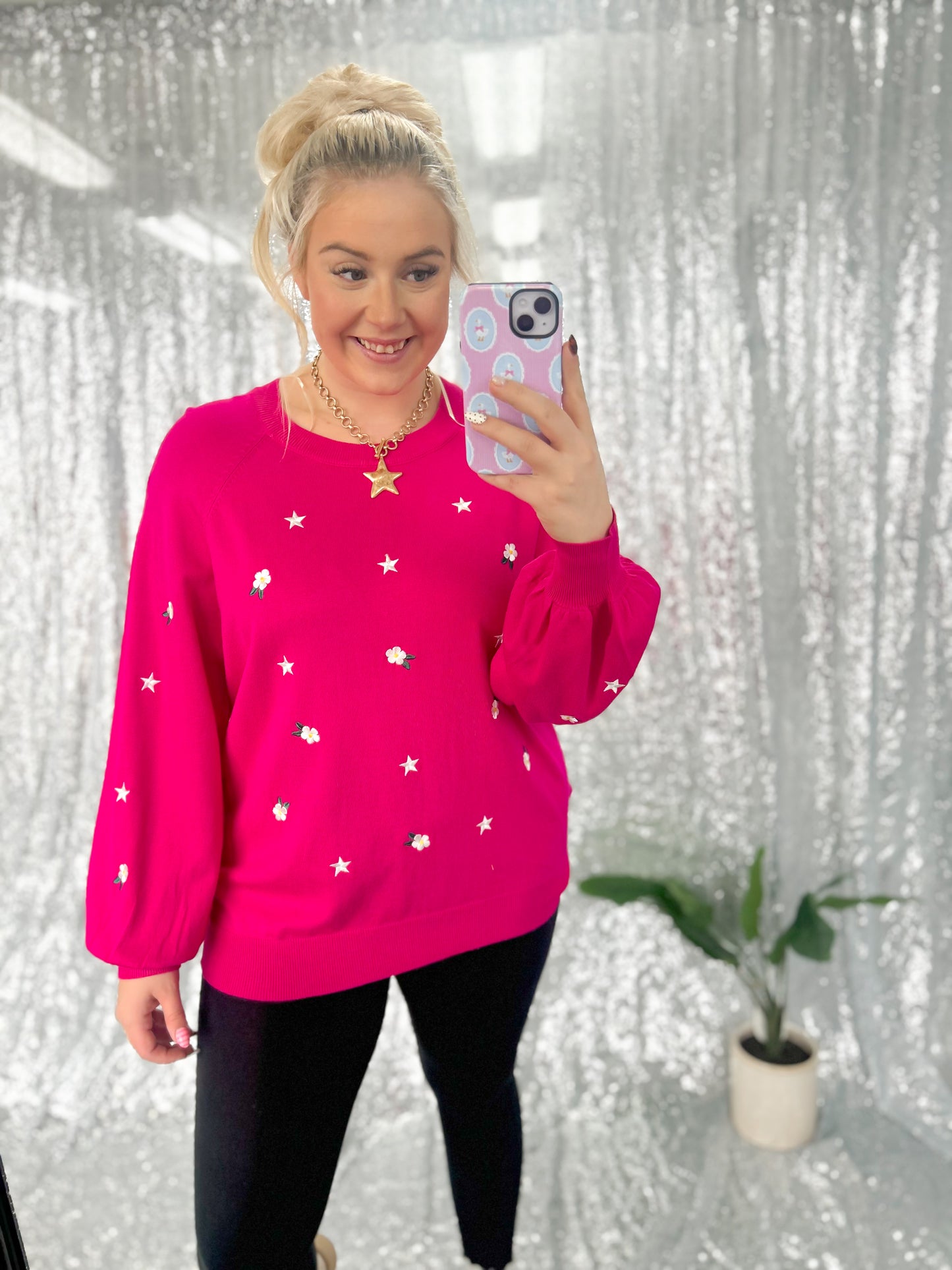 Fuchsia Floral Star Sweater