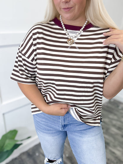 Brown & Burgundy Striped Colorblock Top