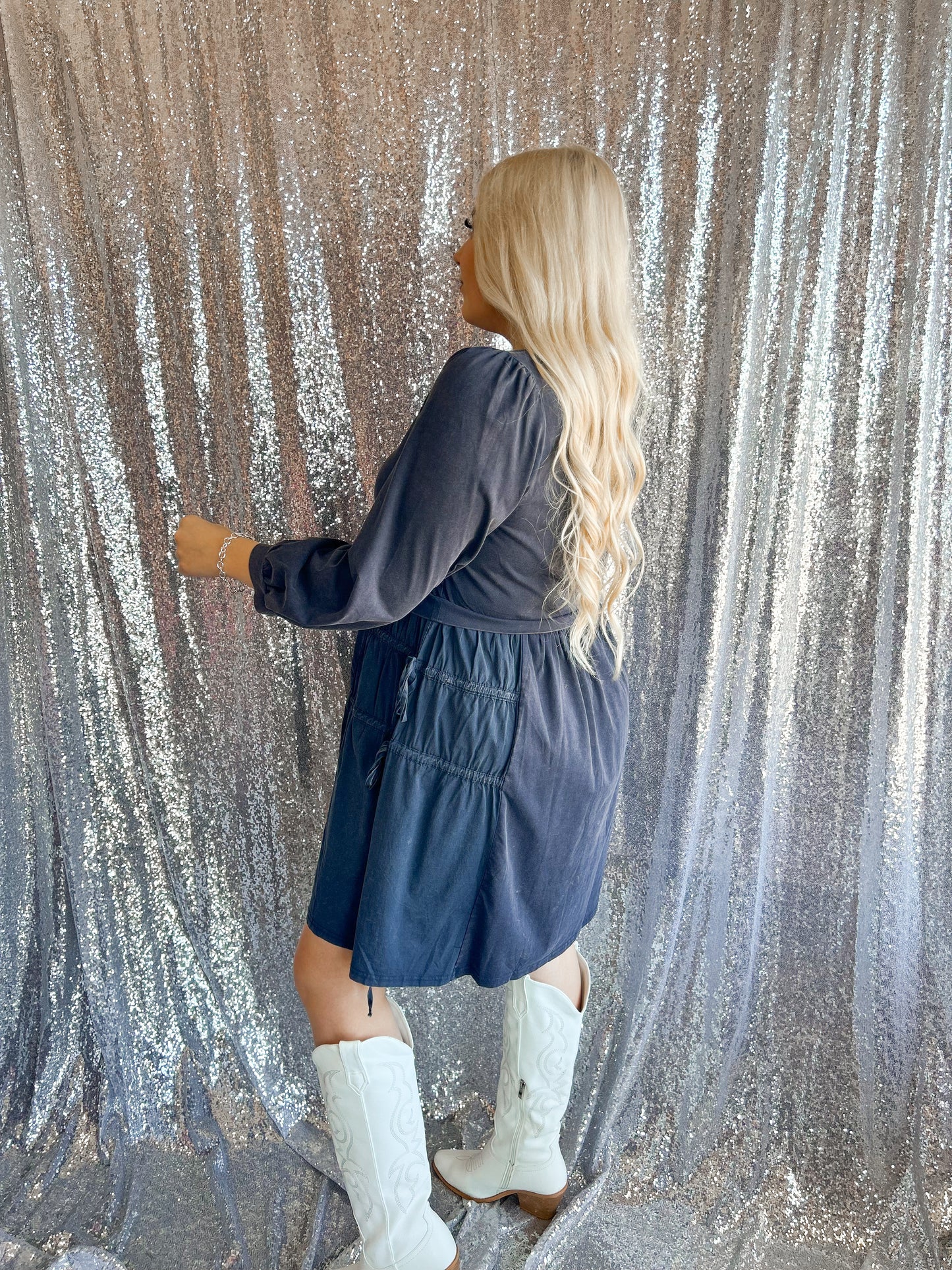 Navy Mineral Wash Bow Dress