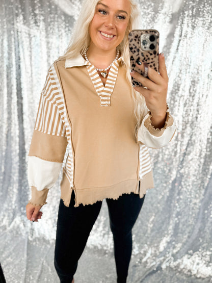 Tan & Cream Oversized Striped Top