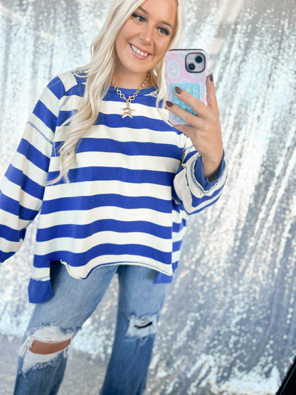 Blue Chunky Striped Oversized Crewneck