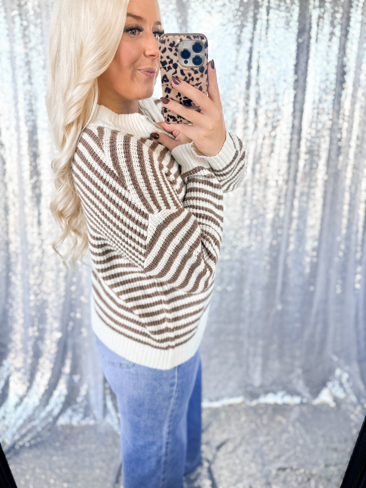Brown Striped Knit 1/2 Zip
