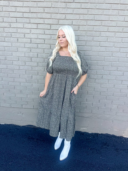 Olive Bloom Ditzy Floral Smocked Maxi