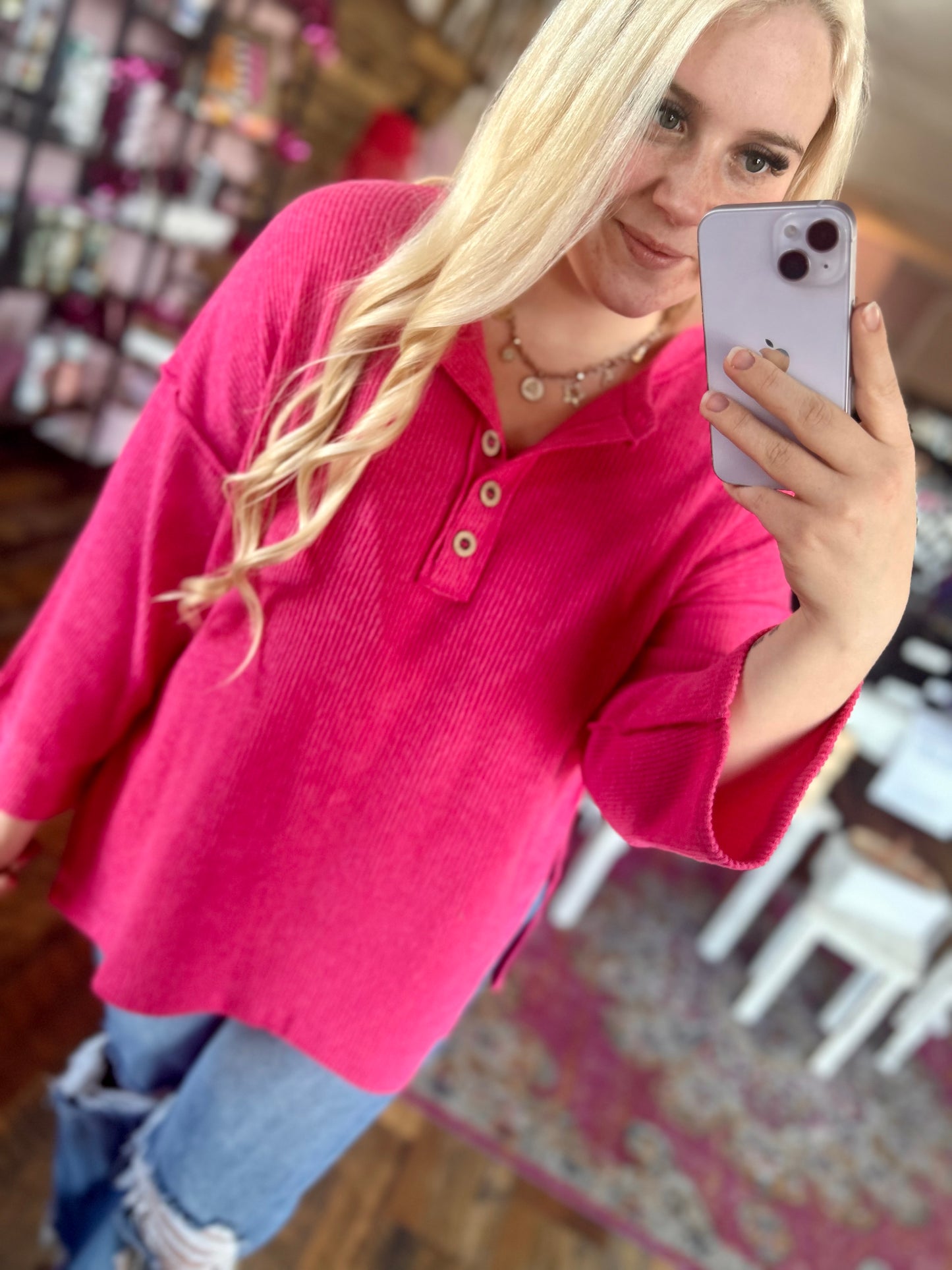 Split Side-Hem Button Top (Hot Pink)