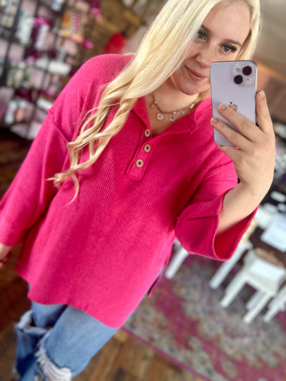 Split Side-Hem Button Top (Hot Pink)