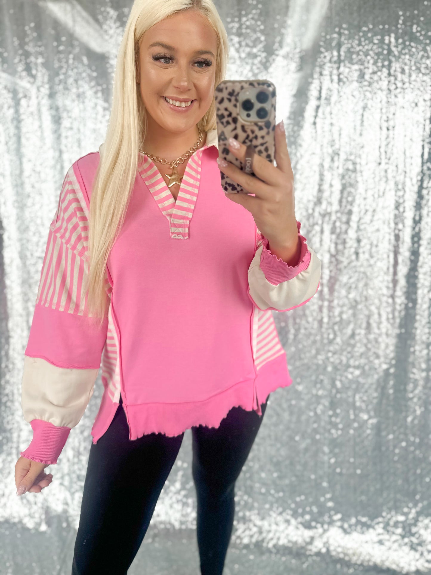 Oversized Pink Striped Colorblock Top