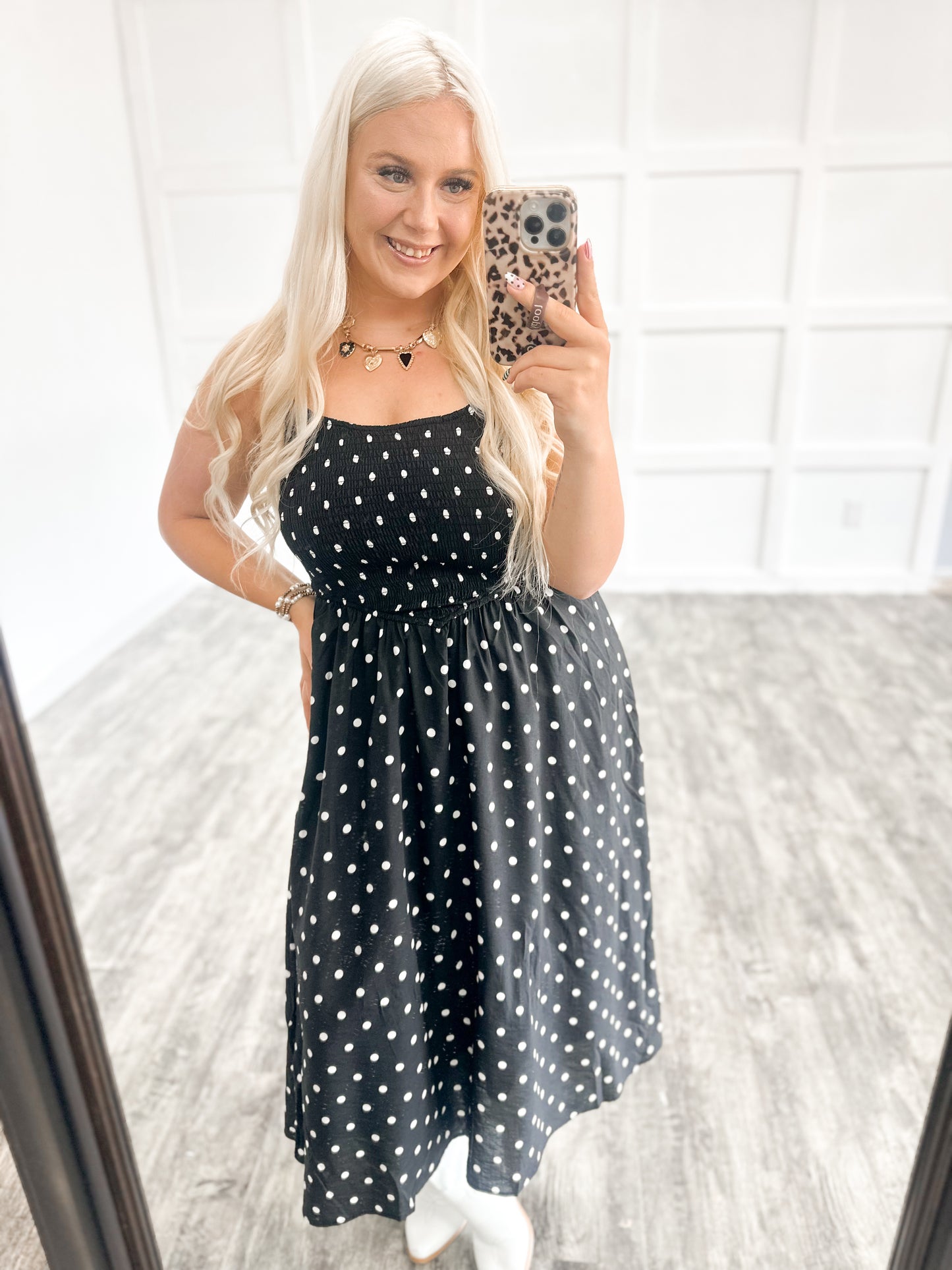 Black Smocked Polka Dot Strap Maxi Dress