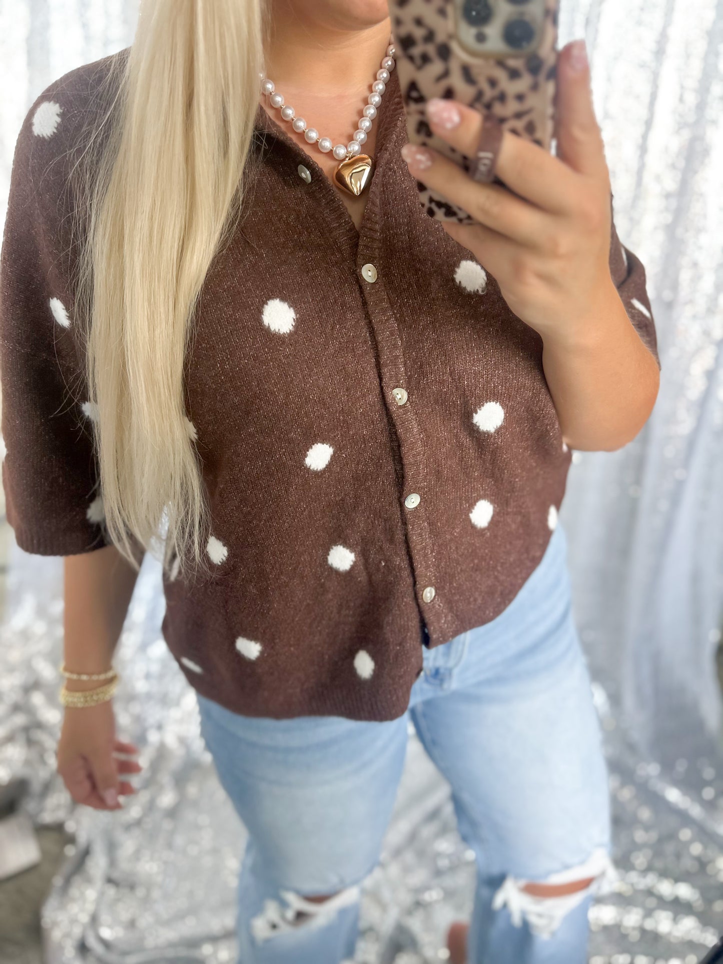 Mocha Polka Dot Knit Button Top