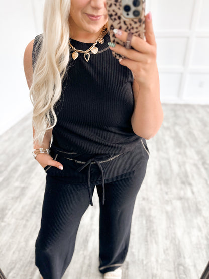 Black Contrast Button Pant {Set}