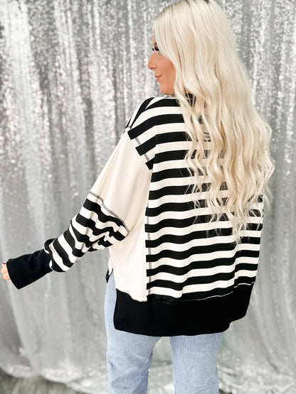 Black Chunky Striped Oversized Pocket Crewneck