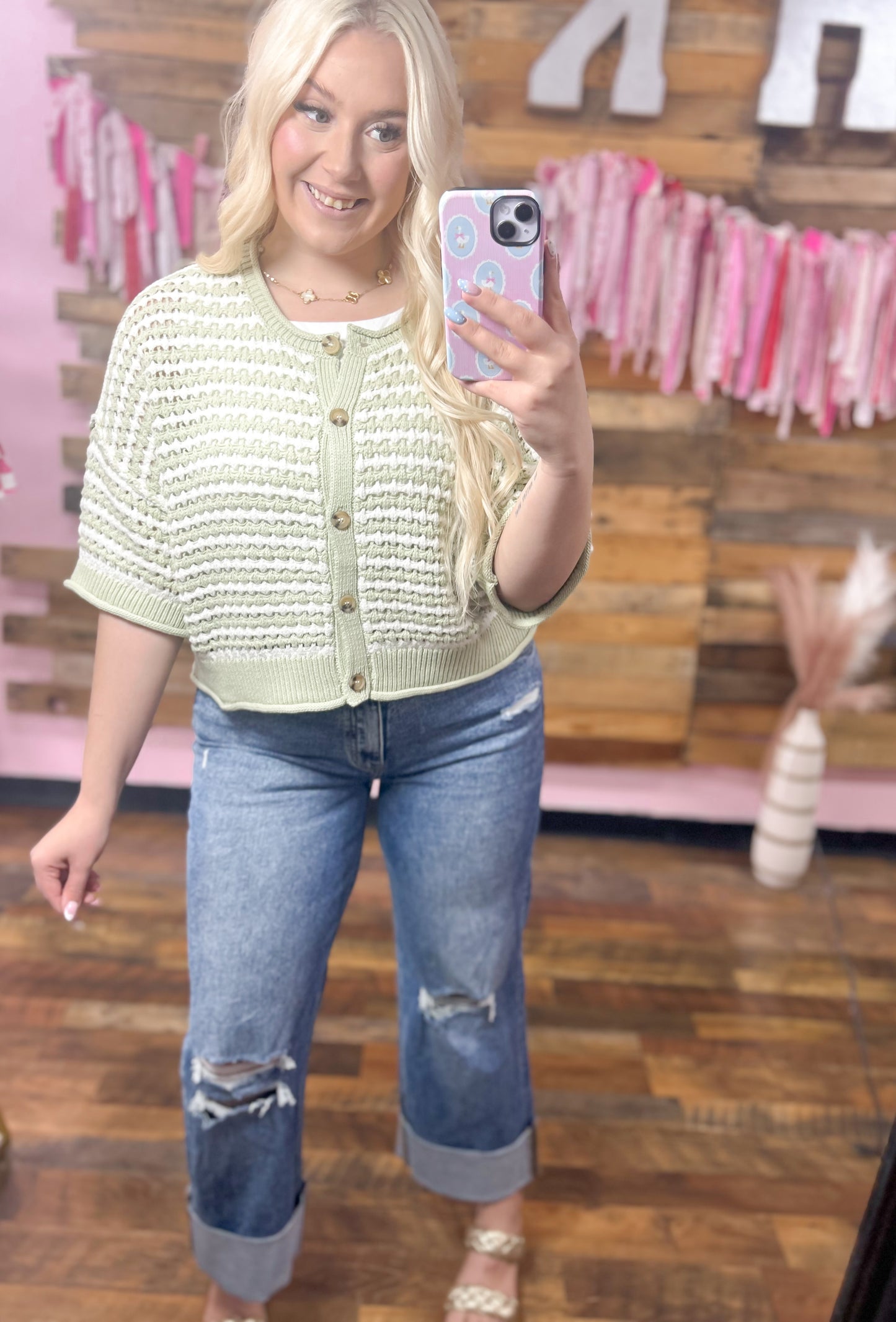 Sage Striped Knit Button Top