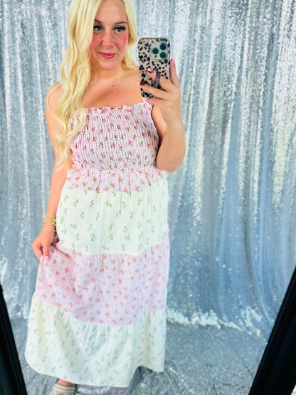 Rose Bloom Gingham Patchwork Maxi Dress