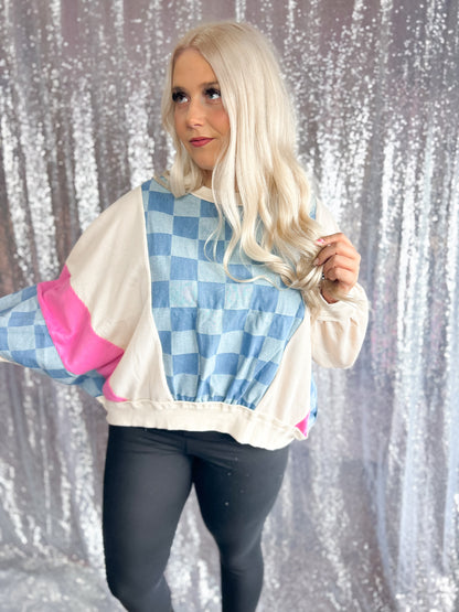 Checker Denim Colorblock Crewneck