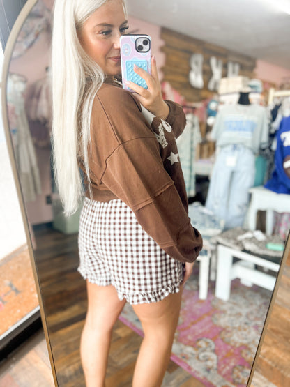 Brown Gingham Lace Tie Shorts