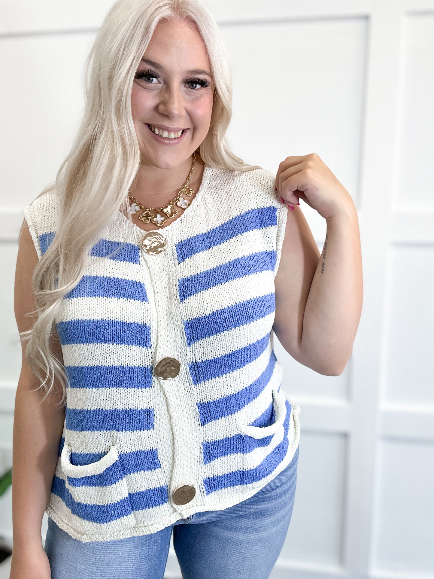 Blue Striped Knit Button Tank