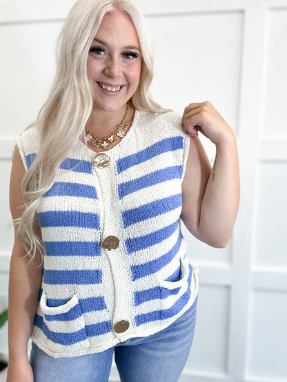 Blue Striped Knit Button Tank