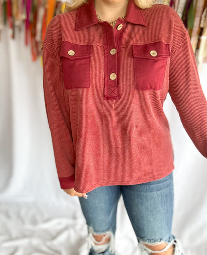 Burgundy Waffle Washed Top