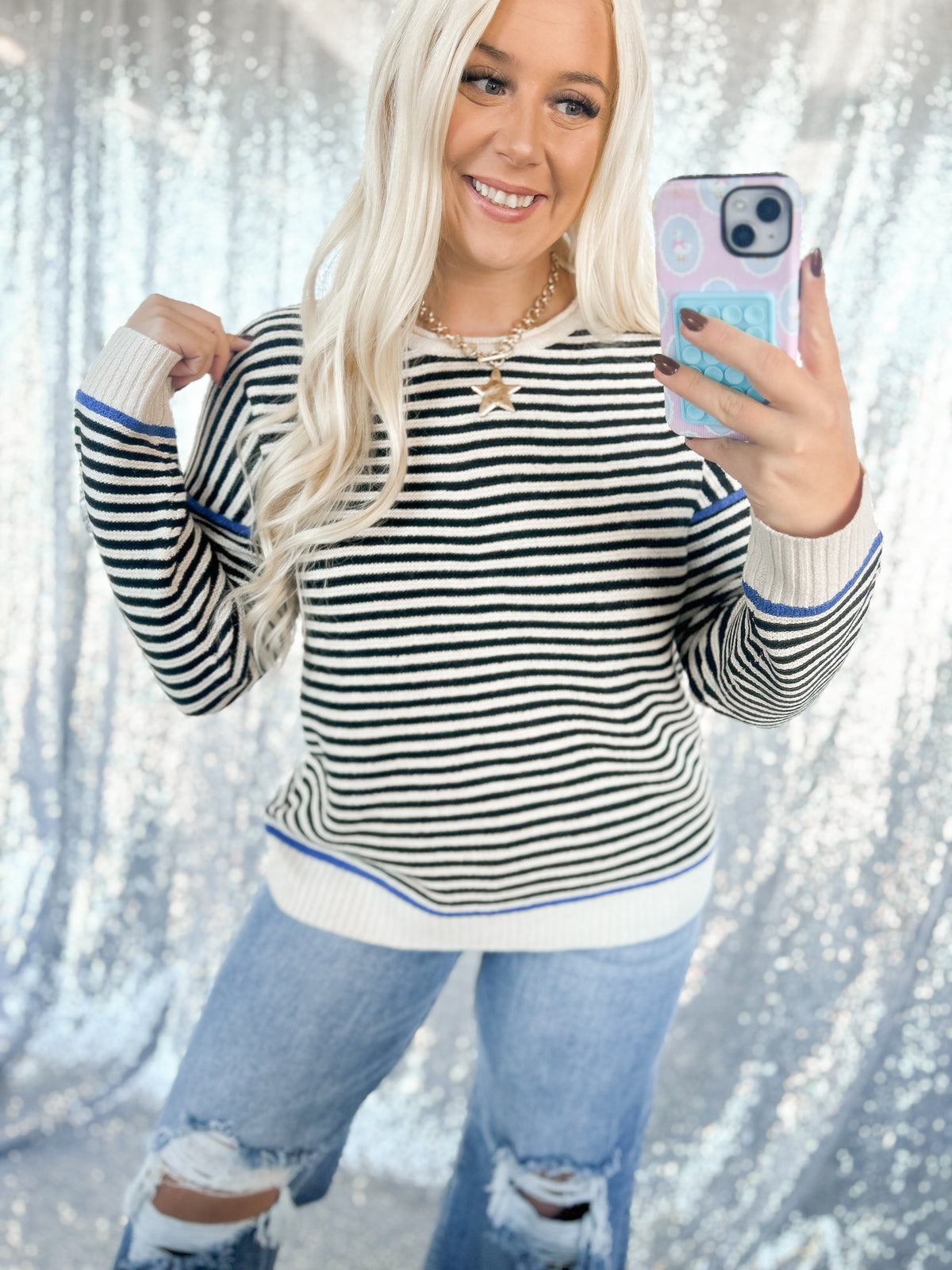 Black & Blue Contrast Striped Knit Top
