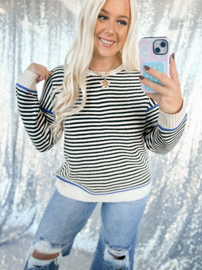Black & Blue Contrast Striped Knit Top