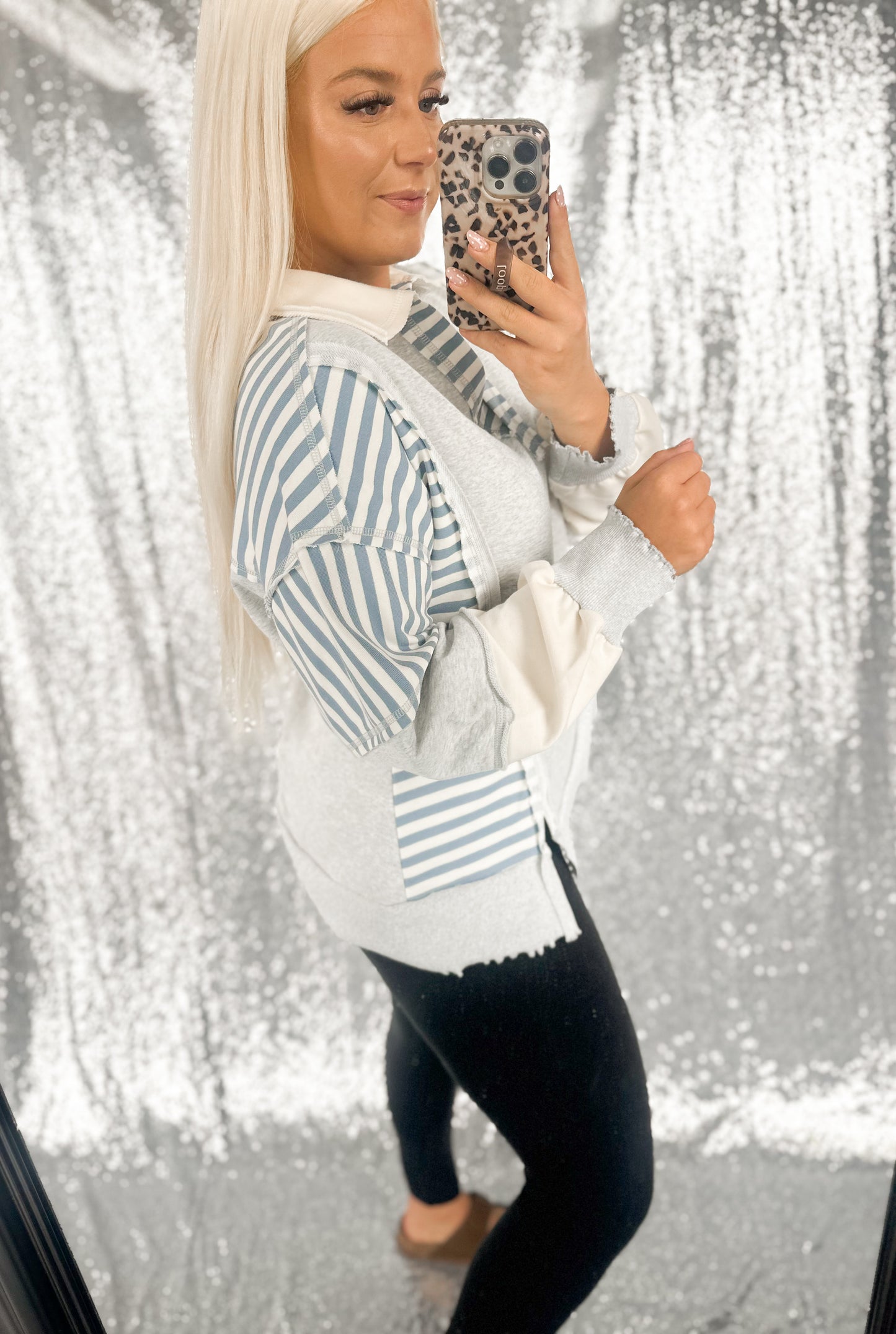 Oversized Heather & Blue Striped Colorblock Top