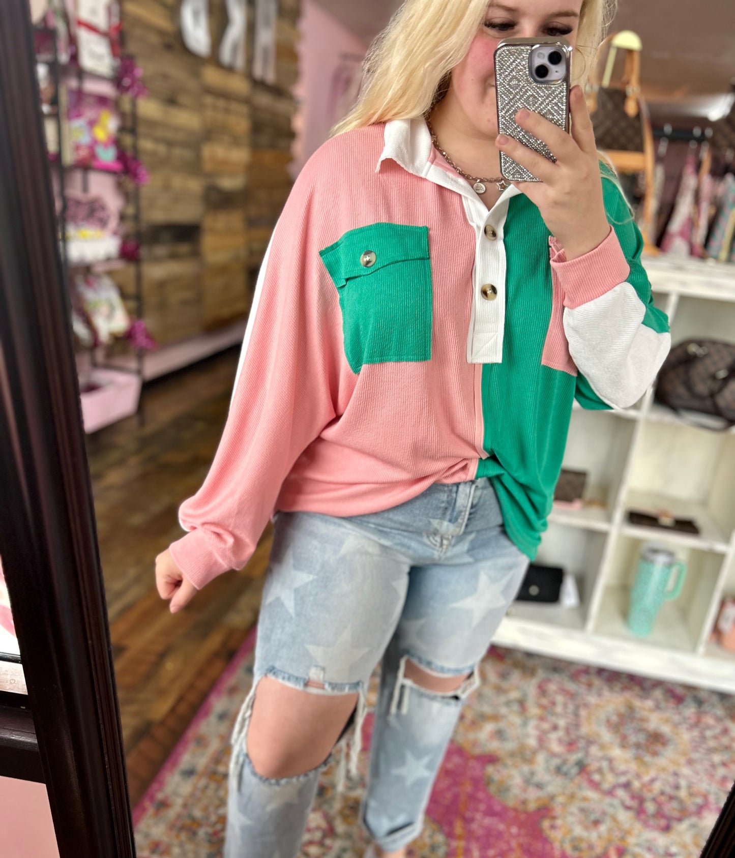 Kelly Green/Pink Oversized Button Top