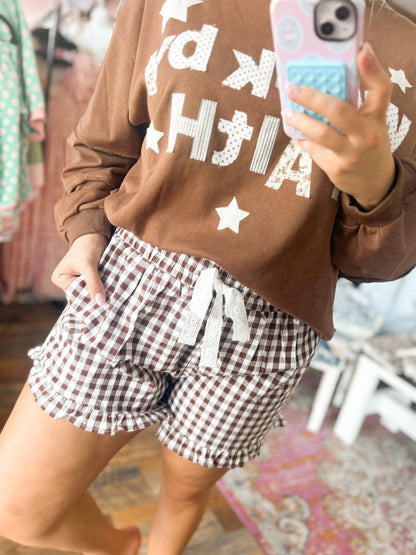 Brown Gingham Lace Tie Shorts