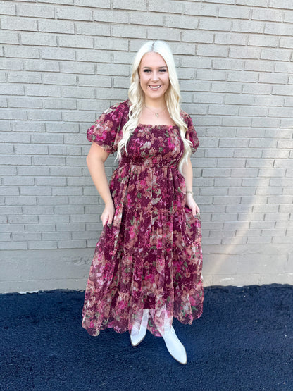 Burgundy Floral Tulle Maxi Dress