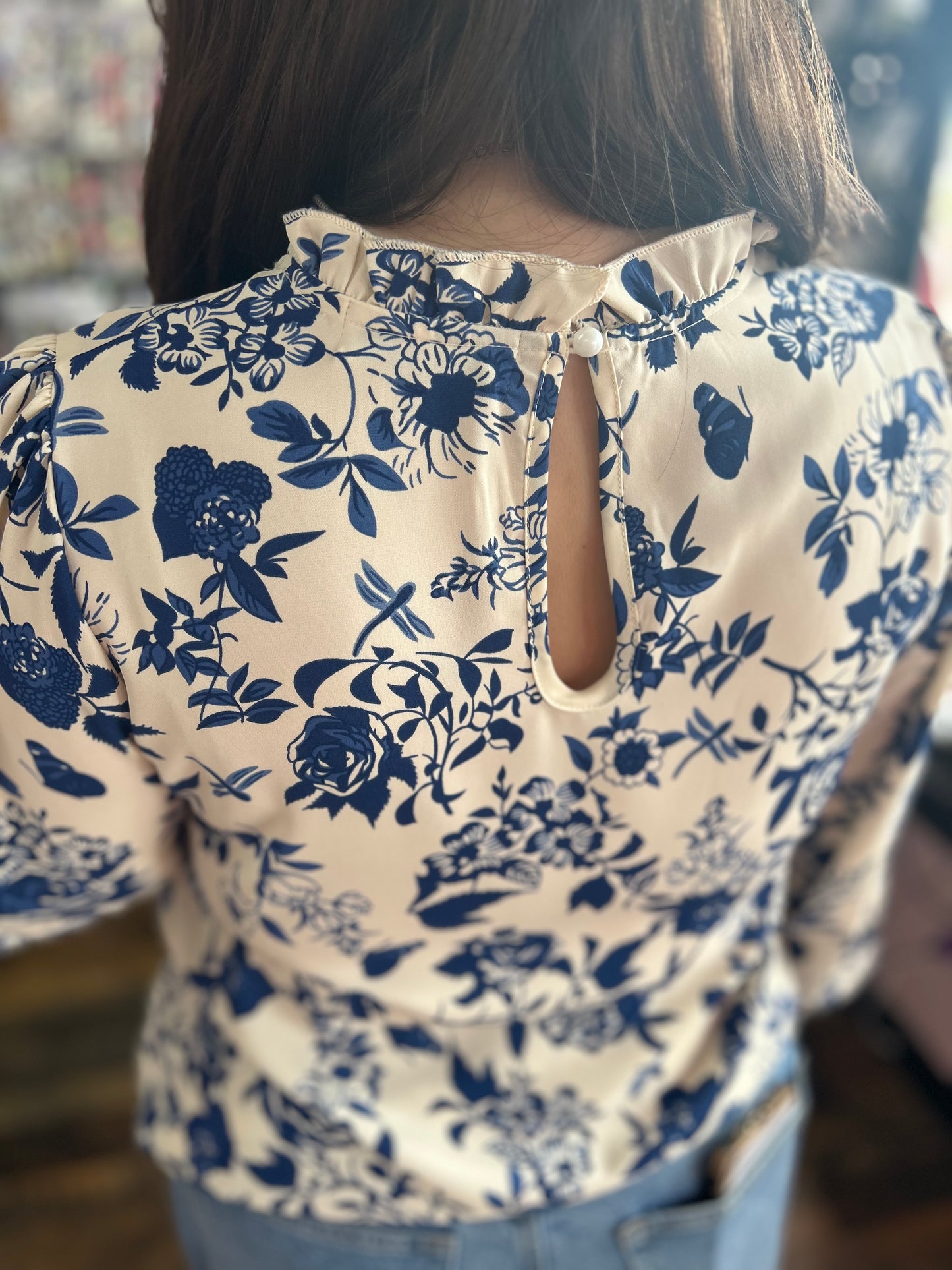 Blue Floral Mockneck Blouse