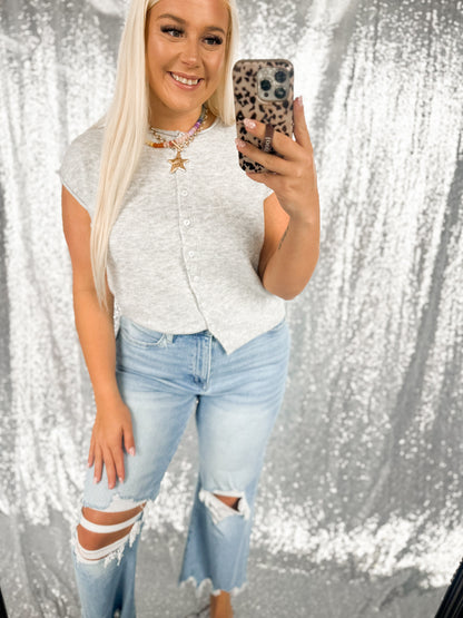 Heather Raw Hem Button Knit Top