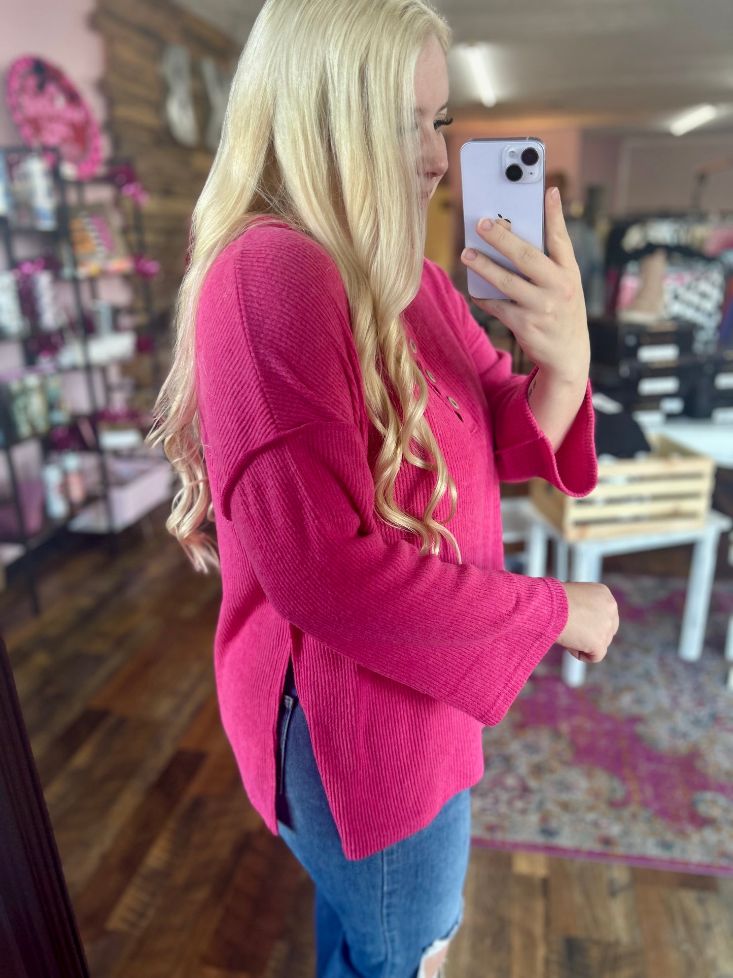 Split Side-Hem Button Top (Hot Pink)