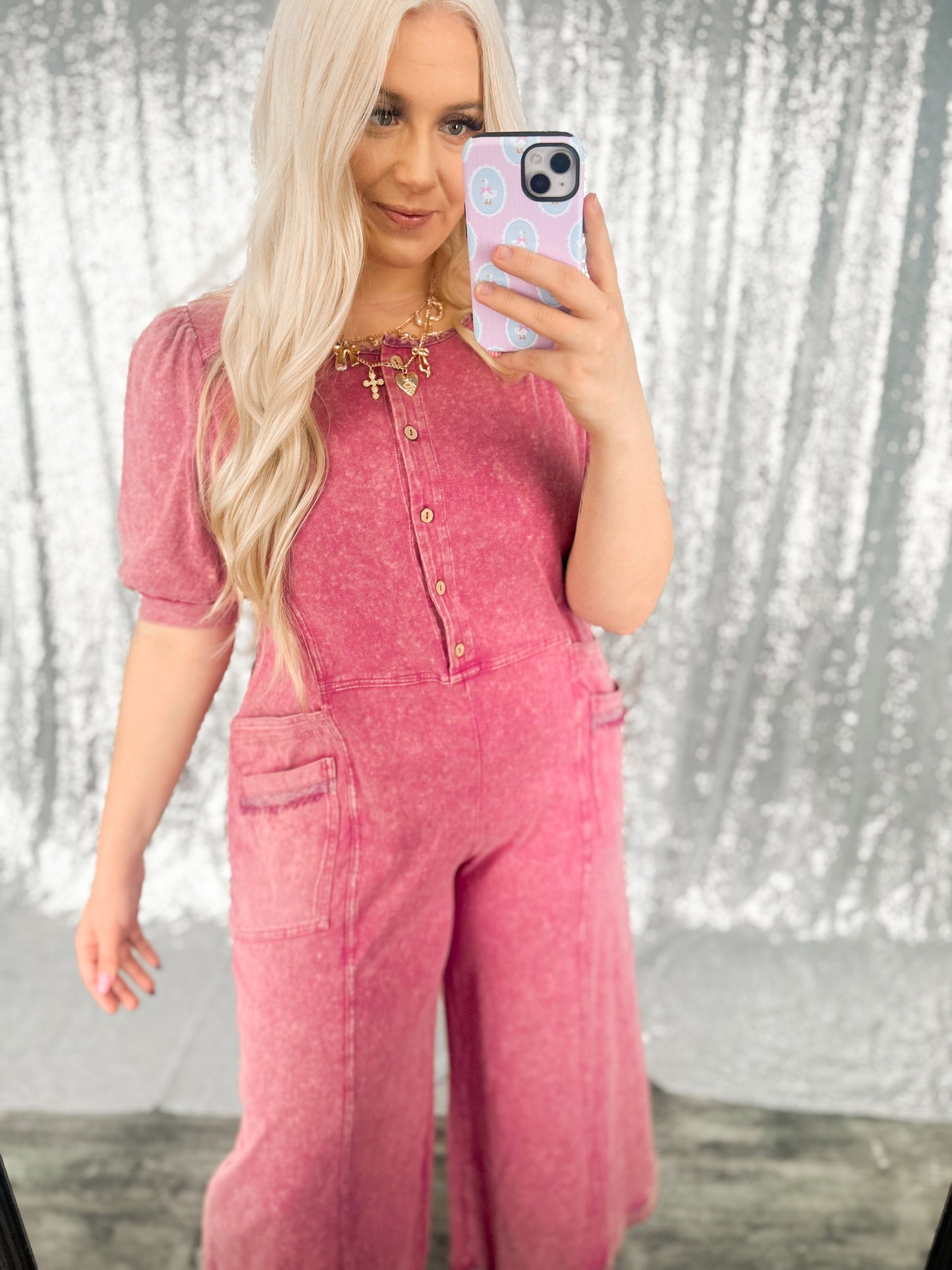 Rose Acid Wash Button Jumpsuit